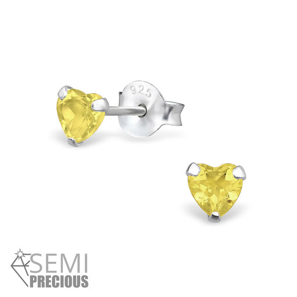Baby Earrings: Sterling Silver November Birthstone (Citrine) Heart Studs 4mm