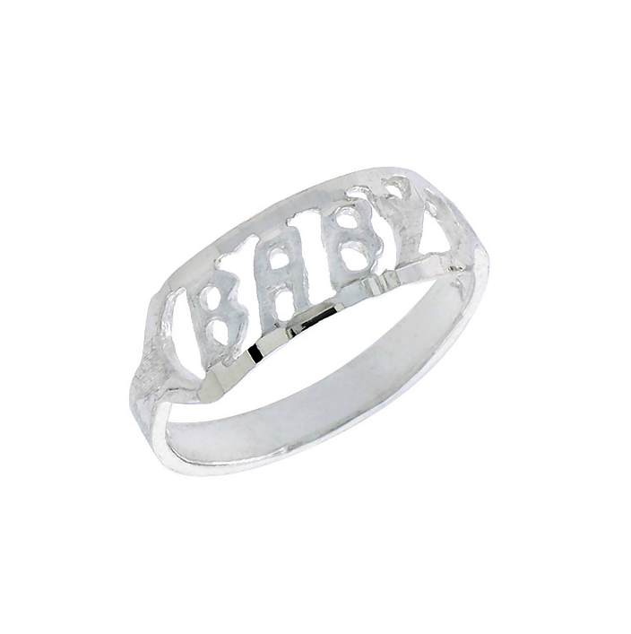A sterling silver ring with the letters 'B A B Y' spaced out on its band.