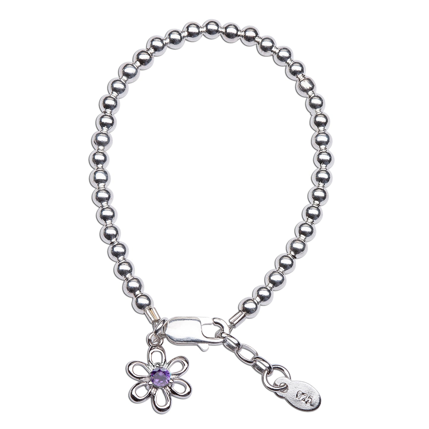 Baby Bracelets:  Sterling Silver Keepsake Daisy Birthstone Ball Bracelets - Newborn to 18 Months January to December