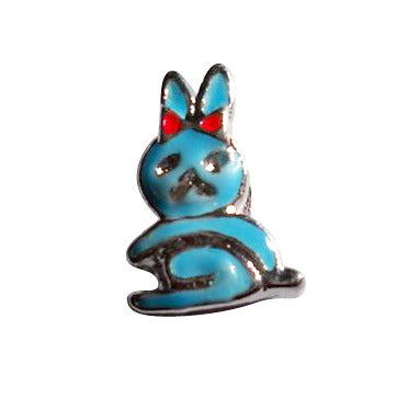 silver bunny charm with blue enamel and a red bow