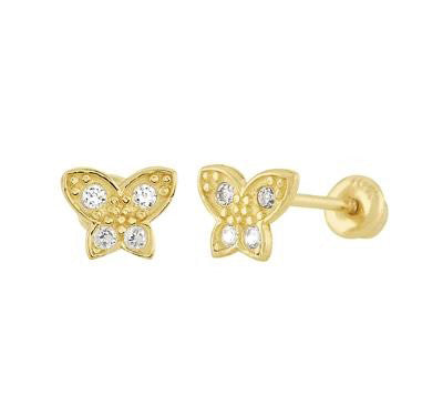 Baby Earrings:  14k Solid Gold Clear AAA CZ Butterflies with Screw Backs and Gift Box