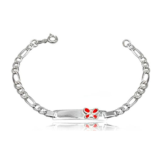 A sterling silver ID bracelet with a red butterfly design on the ID plate, intended for children.
