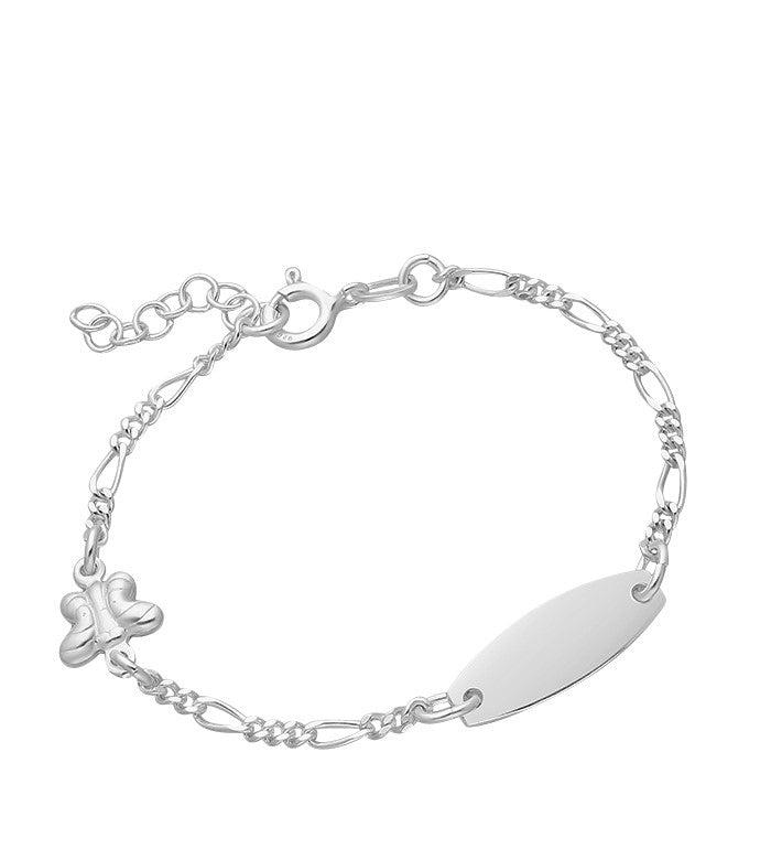 A sterling silver children's bracelet with a Figaro chain design, featuring a butterfly charm and an ID plate for engraving.