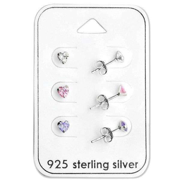 Baby and Children's Earrings:  Sterling Silver 3 x Bright Heart Earrings Gift Pack