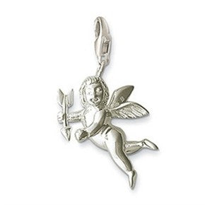A silver plated cupid charm with a lobster claw mount, designed for use in crafting and jewelry making.