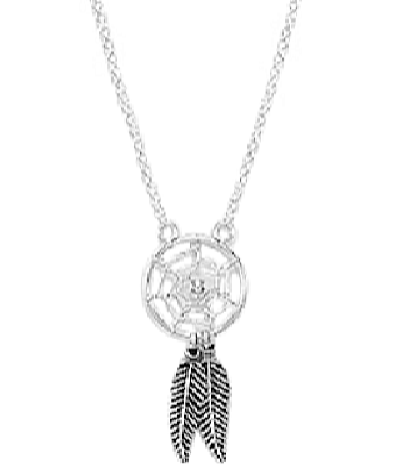 Sterling silver dream catcher necklace featuring intricate pendant and feather charms on a chain.