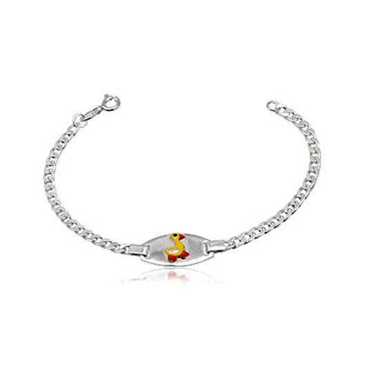 A sterling silver children's ID bracelet featuring a duck design on the ID plate.