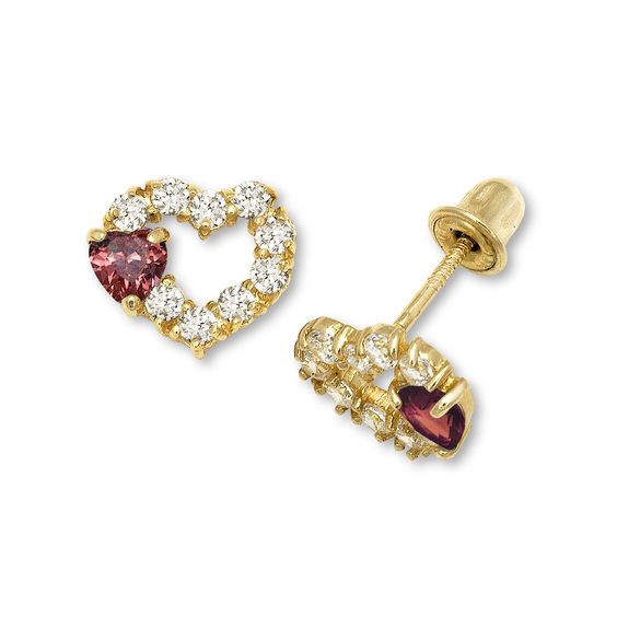 Children's Earrings: 14k Gold AAA CZ Heart on Heart Earrings with Screw Backs and Gift Box