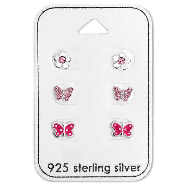 Baby and Children's Earrings: Sterling Silver Pink Butterfly and Flower Earrings x 3 Pairs Gift Pack