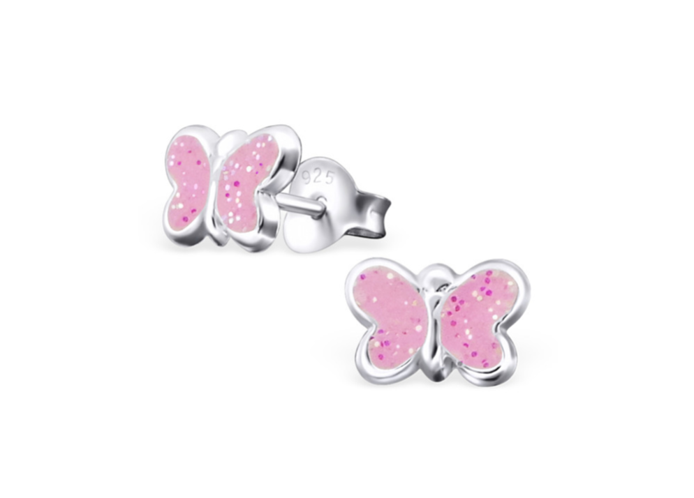 Baby and Toddler Earrings: Sterling Silver, Pink Epoxy Glitter Butterflies