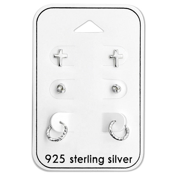 Children's Earrings: Sterling Silver Cross, Love Knot and Twisted Sleepers 3 Pair Gift Pack
