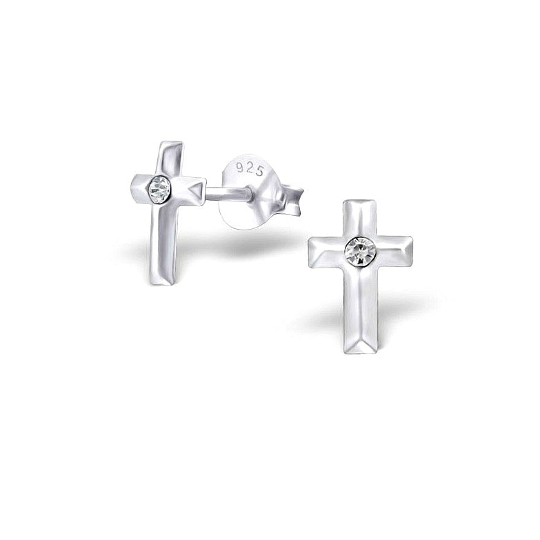 Baby and Children's Earrings:  Sterling Silver Cross Earrings with CZ
