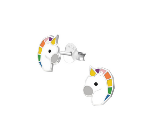 Children's Earrings:  Sterling Silver Unicorns Heads - Red/Yellow/Blue/Green