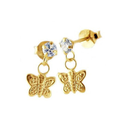 Butterfly earrings with 14K gold over sterling silver and sparkling cubic zirconia studs for kids ages 3 to 10.