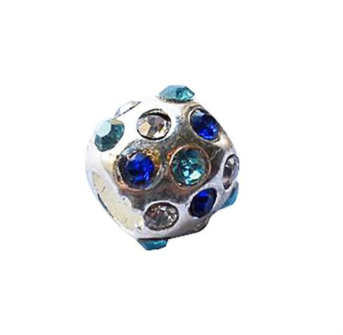 A small, encrusted blue crystal European style bead.