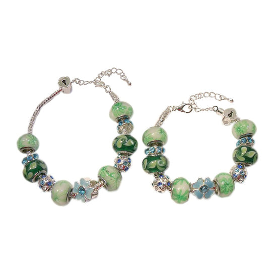 Mothers' Bracelets: European Style Bracelets with Blue, Green and White Lampwork Beads