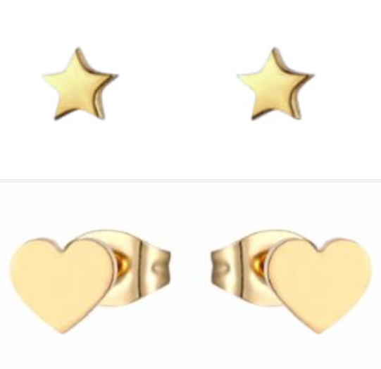 Children's Earrings: Surgical Steel, Gold IP Set of 2 Prs. Earrings. Hearts and Stars Gift Pack 10