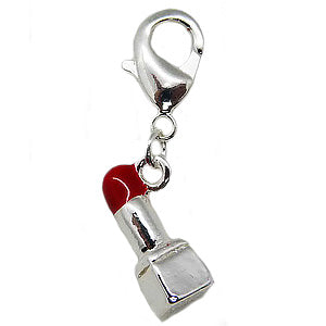A silver-plated, enameled lipstick charm with a metallic finish, designed for use in charm bracelets.