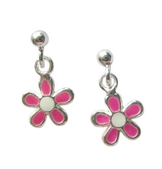 Children's Earrings: Sterling Silver Pink Flowers Drop Earrings