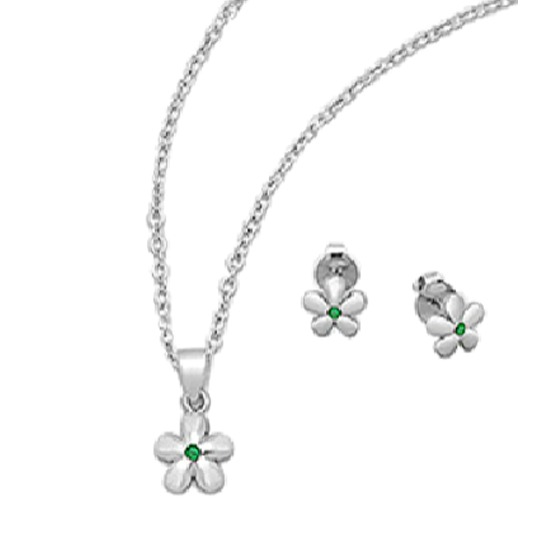 Baby and Children's Earrings and Necklace Sets: Sterling Silver Flower Jewellery Sets with Emerald CZ