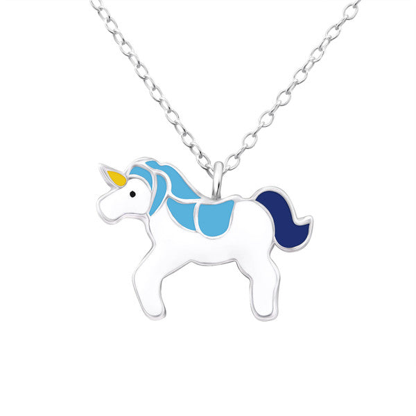 Children's Necklaces: Sterling Silver Blue/White Unicorns on 39cm Chain