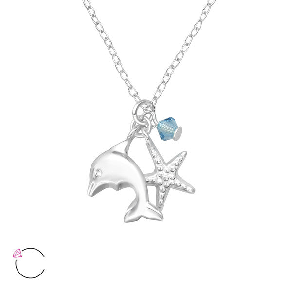 Children's Necklaces: Sterling Silver Ocean Life Cluster Necklace with La Crystale Aquamarine Crystal, Dolphin and Starfish