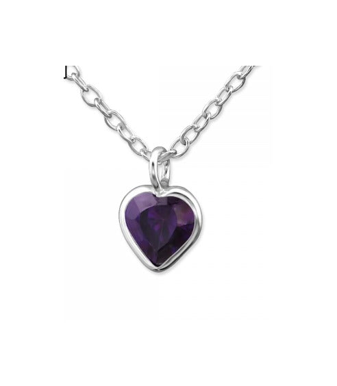 Children's Necklaces:  Sterling Silver Amethyst CZ Heart Minimalist Necklace