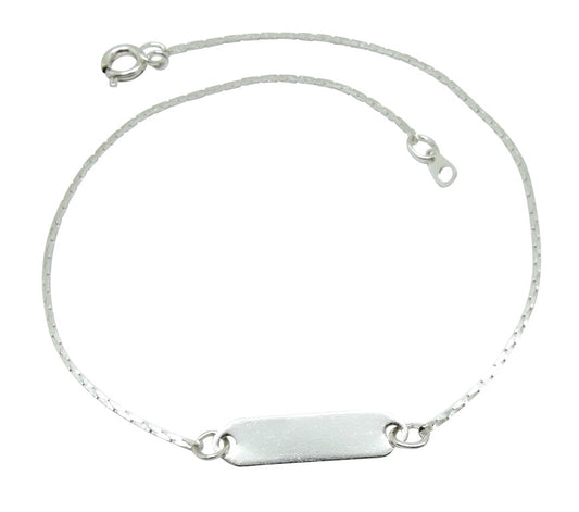 Silver plated children's anklet with ID plate, featuring a chain-link design and a lobster clasp closure.