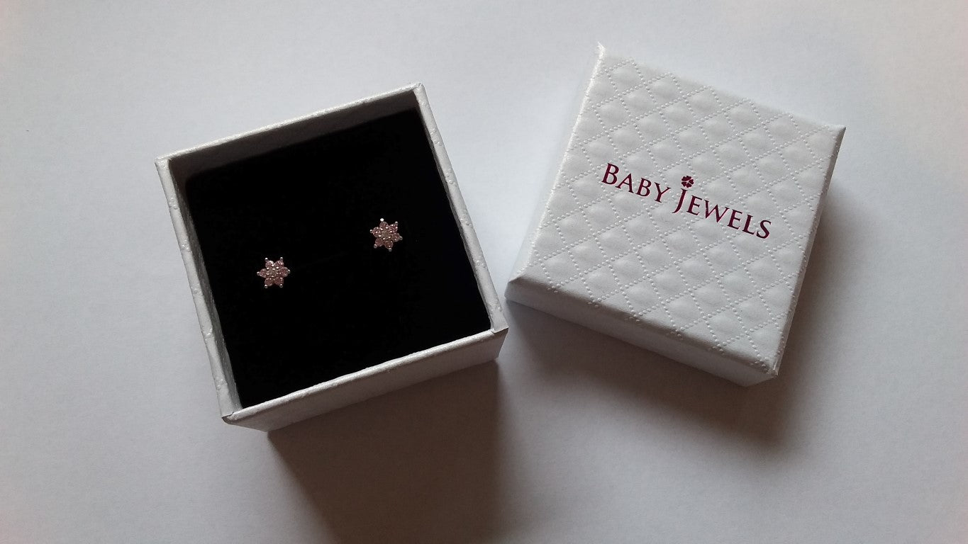 Gold ball stud earrings in a gift box from Baby Jewels, 14k solid gold with 5mm ball studs.
