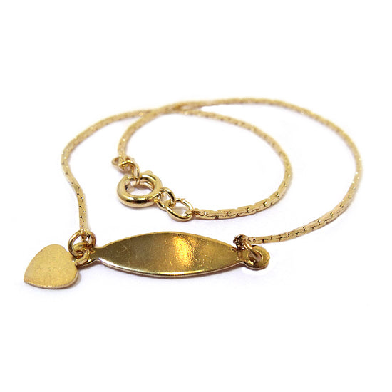 Gold plated children's anklet with a tiny heart charm and ID style design, measuring 21.5 cm long.