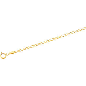 Delicate gold-plated Figaro chain bracelet shown diagonally on a white background, featuring alternating short links and an elongated oval link with a spring-ring clasp.