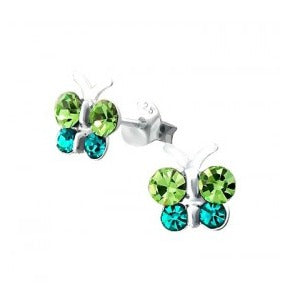 Children's Earrings: Sterling Silver, Green/Blue CZ Butterfly Earrings