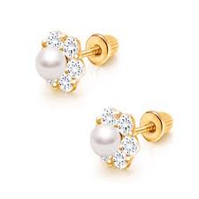 Children's Earrings:  14k Gold Cultured Pearl, Clear CZ Flower Earrings with Screw Backs