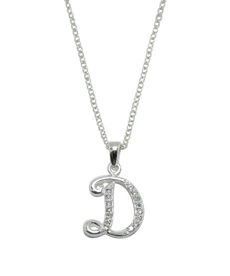 Children's Necklaces:  Sterling Silver/CZ Initial D Necklaces on Your Choice of Chain Length