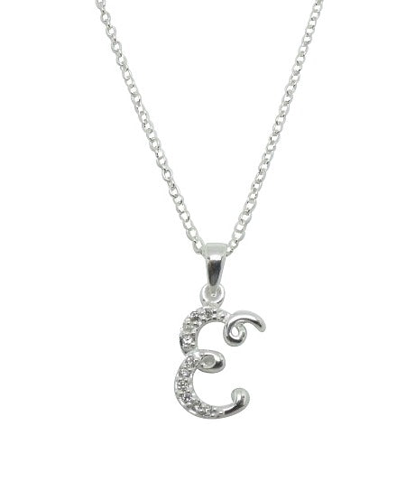 Children's Necklaces:  Sterling Silver/CZ Initial E Necklaces on Your Choice of Chain Length