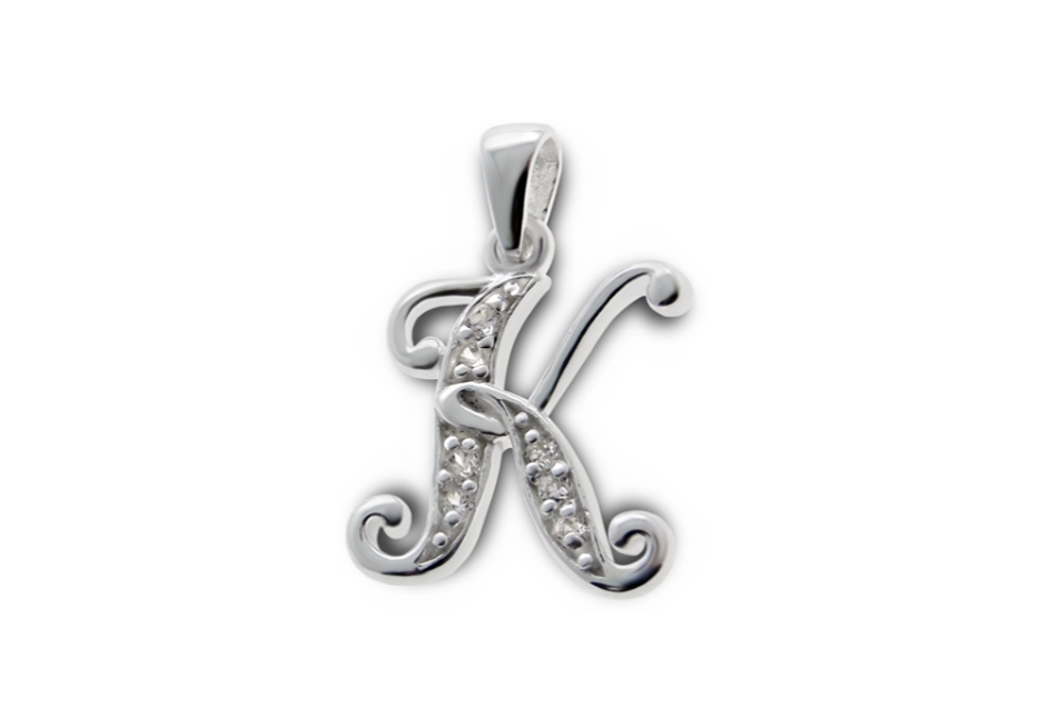 Children's Necklaces: Sterling Silver, CZ Encrusted Letter K Necklaces, Your Choice of Chain Length