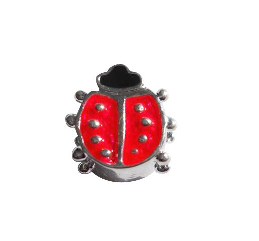 A silver-plated European style ladybug bead with red enamel accents.