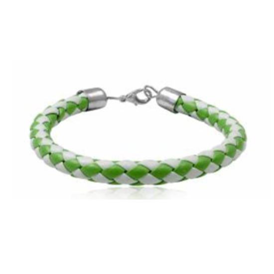 Children's, Teens' and Mothers' Bracelets: Woven Leather Bracelets 18cm. Green and White - SPECIAL OFFER