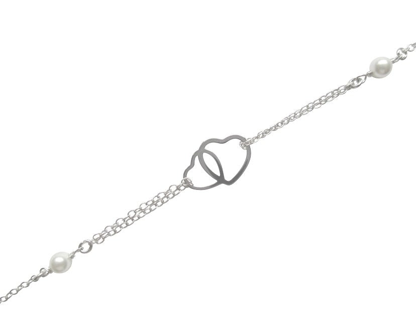 Mothers' Bracelets: Sterling Silver, Freshwater Pearl Linked Hearts for Mother/Daughter Gift