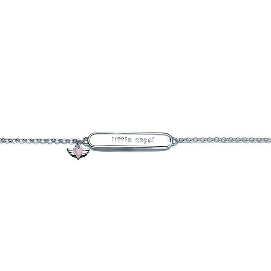 Children's sterling silver bracelet with 'little angel' ID charm and a pink heart-with-wings charm, on a rolo chain.