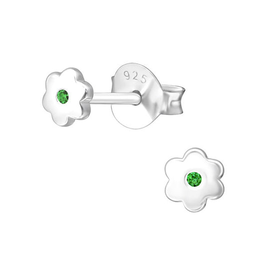 A pair of sterling silver flower earrings with a central green cubic zirconia (CZ), designed for babies and children.