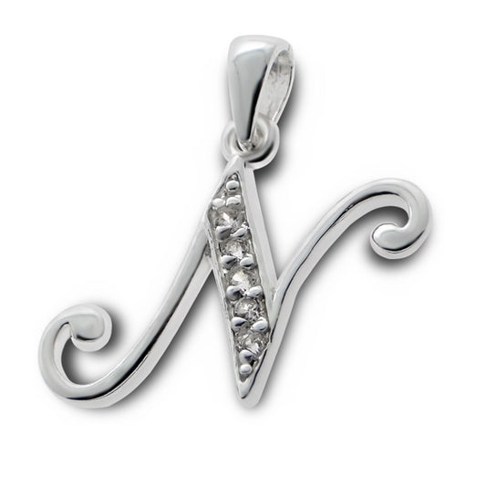 Children's Necklaces: Sterling Silver Initial Necklaces - Script N - on Chain Length of your Choice