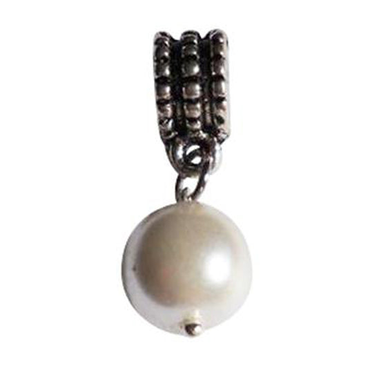 A silver-plated European bead with a dangling pearl design, intended for use in children's jewelry.