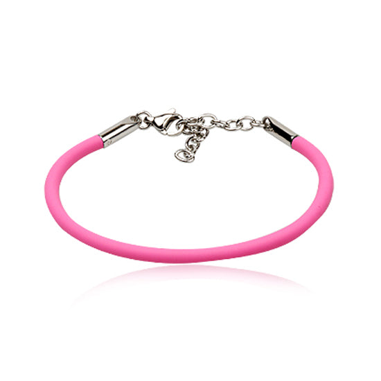 A pink rubber bracelet for girls with sterling silver fittings, displayed on a white background.