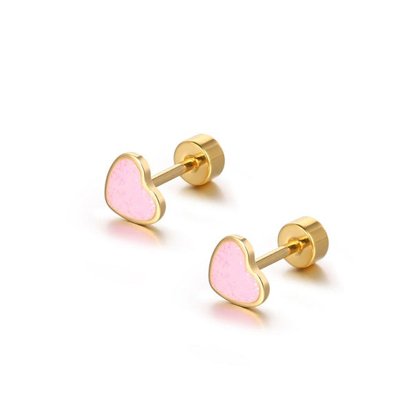Children's Earrings: Surgical Steel, Gold IP, Pink glitter Enamel Heart Screw Back Earrings