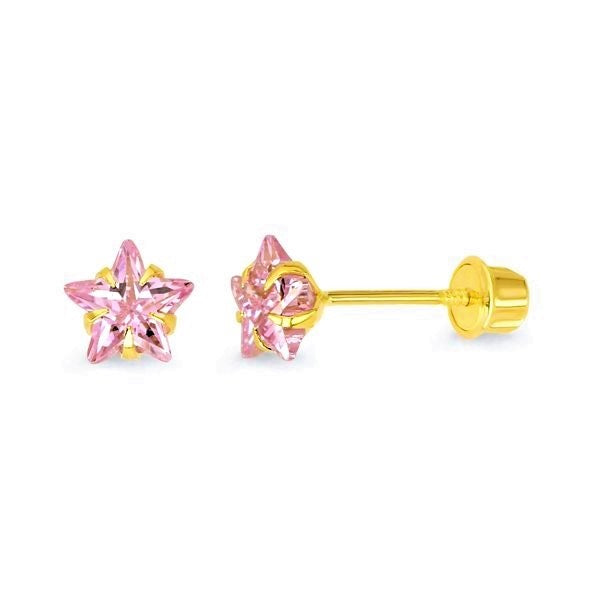 Children's Earrings 14k Gold Pink Star Screw Back Earrings with Gift Box