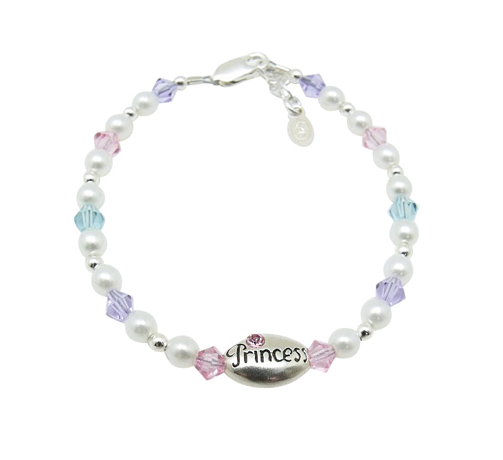 A sterling silver bracelet with Czech pearls and crystals featuring a 'Princess' medallion, with a pink and blue color scheme.