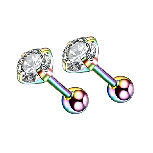 A pair of children's earrings featuring a clear cubic zirconia stone with a colourful ball screw back.