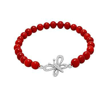 Children's Bracelets: Sterling Silver, Red Coral Ball Bracelets with CZ Encrusted Butterfly