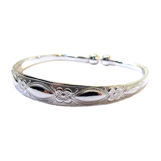 Children's silver plated bangle, beautifully embossed cuff design. Ideal gift for kids, lightweight and adjustable for comfort.